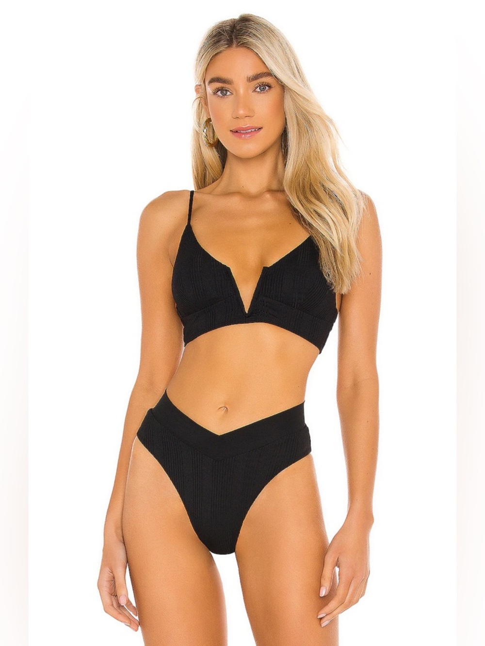 l*space Black Ribbed V-Neck Bikini Top